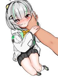 1boy 1girl admi_(nikke) ahoge black_skirt blunt_bangs blush bow bowtie closed_mouth collared_shirt from_above full_body goddess_of_victory:_nikke green_hair grey_hair grey_sweater hair_intakes hair_ornament hand_on_another&#039;s_cheek hand_on_another&#039;s_face headgear highres holding_another&#039;s_arm hood hooded_jacket invisible_chair jacket long_sleeves looking_at_viewer medium_hair multicolored_hair okayun_daisuki open_clothes open_jacket pink_eyes pleated_skirt pov pov_hands shirt shoes sitting skirt socks streaked_hair sweater thighs white_background white_jacket white_shirt white_socks yellow_bow yellow_bowtie