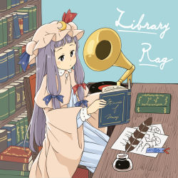 1girl blue_dress blush book bookshelf capelet chair chii-kun_(seedyoulater) coat desk dress english_text female_focus hair_ribbon hat indoors inkwell mob_cap moon_print open_book paper patchouli_knowledge phonograph pink_coat purple_eyes purple_hair quill record ribbon sidelocks sitting smile solo star_(symbol) star_print sun_print touhou tress_ribbon