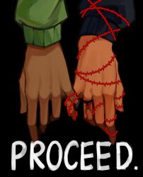 1girl 1other absurdres adrawee black_background black_sleeves commentary deltarune english_text green_sleeves hand_focus hashtag-only_commentary highres jewelry kris_(deltarune) noelle_holiday plant ring simple_background thorn_ring_(deltarune) thorns vines weird_route_(deltarune)