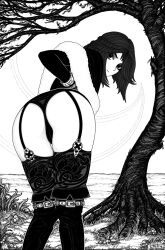 1girl ass black_eyes black_hair black_thighhighs braid character_request flower garter_straps grass greyscale highres long_hair long_sleeves ltstry monochrome serana shadow signature skindentation solo the_elder_scrolls the_elder_scrolls_v:_skyrim thighhighs tree