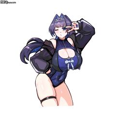 Rule 34 | 1girl, absurdres, black hair, black jacket, blaparky, blue eyes, blue hair, blue nails, blue one-piece swimsuit, breasts, chain, chain headband, cleavage cutout, clothing cutout, colored inner hair, hair intakes, highres, hololive, hololive english, holonatsu paradise, huge breasts, jacket, multicolored hair, official alternate costume, official alternate hairstyle, one-piece swimsuit, one eye closed, ouro kronii, puckered lips, simple background, solo, swimsuit, thigh strap, v, v over eye, virtual youtuber, white background