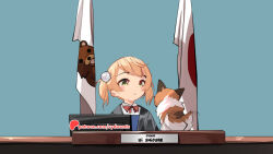 1girl blush_stickers bow bowtie commentary dog english_commentary green_eyes hair_ornament hammer holding holding_hammer indie_virtual_youtuber japanese_flag judge open_mouth patreon_username pedobear pom_pom_(clothes) pom_pom_hair_ornament red_bow red_bowtie shigure_ui_(vtuber) shigure_ui_(vtuber)_(young) short_hair solo sydus tail tail_wagging twintails virtual_youtuber watermark web_address