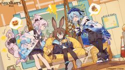 ! !! 1boy 2girls :o amiya_(arknights) animal_ears ankle_strap arknights ascot baseball_bat beret black_jacket black_pantyhose black_shirt black_shorts black_skirt black_socks blue_ascot blue_cloak blue_collar blue_eyes blue_hair blue_hat blue_neckerchief brown_hair cabinet calendar_(object) cloak coin collar copyright_name dot_nose dutch_angle frilled_ascot frills gold_coin hand_in_pocket handheld_game_console hat highres infection_monitor_(arknights) jacket jewelry kirara_(arknights) leaning_forward long_hair long_sleeves looking_at_another medium_hair mizuki_(arknights) money_bag multiple_girls multiple_rings neckerchief official_art pantyhose pantyhose_under_shorts partially_unzipped pink_hair pink_jacket playing_games pleated_skirt pointing purple_eyes rabbit_ears rabbit_girl ring second-party_source shirt short_hair_with_long_locks shorts sitting siyer skirt socks spoken_object standing swing_furniture tentacles tentacles_under_clothes topknot trap treasure_chest window zipper
