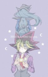Rule 34 | 1boy, 1girl, blonde hair, closed eyes, collared shirt, dated, duel monster, grey hair, happy birthday, hat, long hair, miura333 re, multicolored hair, muto yugi, necktie, purple background, purple shirt, red necktie, shirt, silent magician, simple background, vest, white hat, wizard hat, yu-gi-oh!