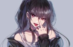 Rule 34 | 1girl, :p, bare shoulders, black hair, black jacket, choker, cross, cross earrings, danjou sora, earrings, grey background, jacket, jewelry, middle finger, nail polish, original, piercing, red eyes, ring, simple background, solo, tongue, tongue out, two side up