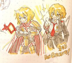+_+ 1girl armor black_coat black_pants blonde_hair coat cowboy_shot don_quixote_(project_moon) happy highres index_finger_raised kampuzu la_sangre_de_sancho_(e.g.o) lapels limbus_company long_sleeves multiple_views necktie notched_lapels open_mouth pants pointing project_moon red_necktie sailor_collar shirt short_hair smile striped_cape white_shirt yellow_eyes