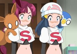 2girls absurdres beanie blank_eyes blurry chloe_(pokemon) closed_mouth commentary_request cosplay dawn_(pokemon) eevee elbow_gloves eyelashes frown gen_1_pokemon gen_4_pokemon gloves green_eyes hainchu hair_ornament hairclip hat highres indoors jacket jessie_(pokemon)_(cosplay) logo long_hair looking_down multiple_girls navel nintendo on_shoulder piplup pokemon pokemon_(anime) pokemon_(creature) pokemon_journeys pokemon_on_shoulder purple_hair revision shirt sidelocks sweatdrop team_rocket team_rocket_uniform upper_body white_hat white_jacket wide-eyed