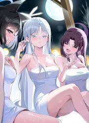 3girls absurdres animal_ears bare_shoulders black_hair blue_archive blue_halo blush breasts cat_ears cleavage felnemo halo highres kikyou_(blue_archive) long_hair looking_at_viewer medium_breasts multiple_girls nagusa_(blue_archive) naked_towel onsen open_mouth outdoors purple_hair purple_halo short_hair solo tail towel white_eyes white_hair white_halo yukari_(blue_archive)