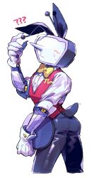 1boy ? absurdres animal_ears ant_tenna ass black_pants blush bow bowtie cropped_legs crt deltarune fake_animal_ears fuji_den_fujiko gloves highres holding holding_tray humanoid_robot male_focus male_playboy_bunny object_head pants pointy_nose rabbit_ears rabbit_tail red_vest robot shirt solo sweat tail tray vest white_background white_gloves white_shirt yellow_bow yellow_bowtie