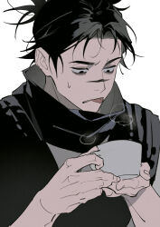 1boy arms_up bags_under_eyes black_eyes black_hair black_shirt choso_(jujutsu_kaisen) cup facial_mark fingernails highres holding holding_cup jujutsu_kaisen looking_down male_focus parted_hair popped_collar shirt simple_background solo steam sweatdrop tongue tongue_out white_background yi_(826805607)