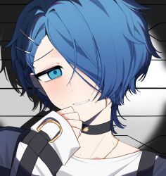 1boy absurdres blue_eyes blue_hair blush embarrassed grin hair_ornament hair_over_one_eye hairclip height_chart highres looking_at_viewer male_focus milgram mugshot portrait sakurai_haruka_(milgram) shadow short_hair smile solo spotlight sweatdrop yingwux1