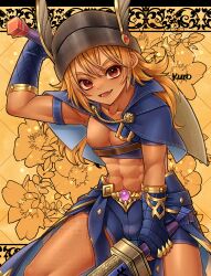 1boy :d abs absurdres arm_up armlet armor black_border blue_capelet blue_gloves blue_shorts border brown_hat bulge capelet commentary_request commission cowboy_shot dark-skinned_male dark_skin dragon_quest dragon_quest_x dual_wielding fang faulds fingerless_gloves flower gloves gold_trim hat hat_feather hero_(dq10) highres holding holding_sword holding_weapon jewelry kuro11_222 long_hair looking_at_viewer male_focus muscular muscular_male navel nipples open_mouth orange_hair red_eyes shorts skeb_commission smile solo sword weapon yellow_background yellow_flower