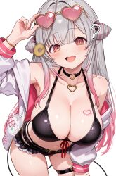 1girl ? @_@ absurdres arm_up armpits bare_shoulders belt bent_over bikini black_bikini black_choker breast_tattoo breasts choker cleavage coin coin_on_string cone_hair_bun cowboy_shot cropped_legs daysss demon_tail eyewear_on_head frills front-tie_bikini_top front-tie_top gradient_hair grey_hair hair_bun halterneck heart heart-shaped_eyewear heart_choker highres hypnosis indie_virtual_youtuber jacket large_breasts leaning_forward long_hair looking_at_viewer mind_control multicolored_hair navel off_shoulder open_clothes open_jacket open_mouth pink_hair simple_background skindentation smile solo standing stomach streaked_hair string_bikini sunglasses suou_patra swimsuit tail tattoo teeth thigh_belt thigh_strap upper_teeth_only virtual_youtuber white_background white_jacket yellow_eyes