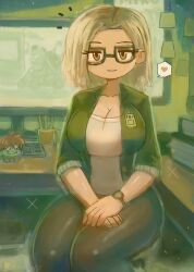 1girl absurdres black_pants blonde_hair bowser breasts brown_eyes capcom chair cleavage collarbone computer computer_keyboard cup desk fbi glasses grace_ashcroft green_jacket heart highres id_card jacket large_breasts looking_at_viewer mario_(series) mario_kart monitor mug name_tag nintendo open_clothes open_jacket own_hands_together pants parted_lips pen resident_evil resident_evil_requiem shirt short_hair short_sleeves sitting sparkle speech_bubble spoken_heart sticky_note teeth thick_thighs thighs tony_welt toy watch white_shirt wide_hips wristwatch