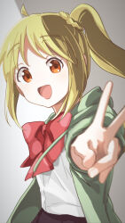 Rule 34 | 1girl, :d, ahoge, black skirt, bocchi the rock!, bow, braid, brown eyes, brown hair, commentary request, green jacket, grey background, highres, hood, hood down, hooded jacket, ijichi nijika, jacket, long hair, long sleeves, looking at viewer, moko39 takasora, open clothes, open jacket, open mouth, polka dot, polka dot bow, red bow, shirt, side ponytail, skirt, smile, solo, v, white shirt