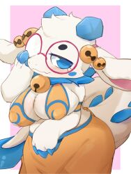 1girl angela_(atlyss) atlyss bell blue_eyes blue_horns breasts furry furry_female glasses highres horns large_breasts sideboob solo tail ukan_muri white_fur