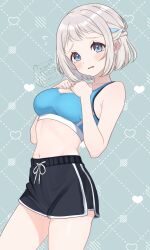 1girl :o absurdres alternate_costume amashi_2278 black_shorts blue_eyes blue_ribbon blue_sports_bra blush braid breasts cleavage commission dotted_line flying_sweatdrops gakuen_idolmaster grey_hair hair_ribbon half_up_braid hands_on_own_chest heart highres idolmaster katsuragi_lilja linea_alba looking_at_viewer medium_breasts navel ribbon ribbon_braid short_hair short_shorts shorts signature skeb_commission solo sports_bra tears thighs workout_clothes