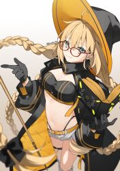 1girl absurdres aesc_(exhibition_attire)_(fate) aesc_(fate) aesc_(rain_witch)_(fate) black_gloves black_hat blonde_hair blue_eyes book braid fate/grand_order fate_(series) glasses gloves hat highres long_sleeves looking_at_viewer romo827 shorts smile solo