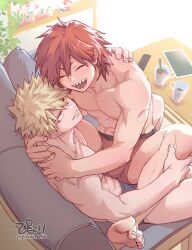 2boys bakugou_katsuki blonde_hair blue_male_underwear boku_no_hero_academia bulge couch couple hand_on_another&#039;s_leg highres hug kirishima_eijiro looking_at_another male_focus male_underwear multiple_boys on_couch red_hair red_male_underwear sharp_teeth smile teeth tsukota underwear underwear_only yaoi