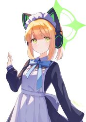 1girl absurdres animal_ear_headphones animal_ears apron artist_name blonde_hair blue_archive bow bowtie cat_ear_headphones chinese_commentary commentary_request dress fake_animal_ears green_eyes halo headphones highres light_smile long_sleeves looking_at_viewer low_ponytail maid maid_headdress midori_(blue_archive) midori_(maid)_(blue_archive) ponytail signature solo ximilulu