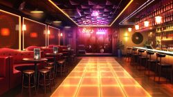 Rule 34 | alcohol, bar (place), booth seating, ceiling light, chair, disco ball, drum, drum set, glass bottle, guitar, highres, indoors, instrument, menu, microphone stand, no humans, non-web source, official art, our life: beginnings and always, plant, potted plant, scenery, speaker, tile floor, tiles, wall lamp
