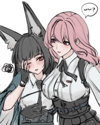 2girls a_ai_ri animal_ear_fluff animal_ears black_gloves black_skirt blush dress_shirt fingerless_gloves fox_ears fox_girl gloves hair_between_eyes highres hoshimi_miyabi long_hair looking_at_another multiple_girls no_eyewear parted_lips pink_eyes pink_hair shirt sidelocks simple_background skirt tsukishiro_yanagi upper_body white_background white_shirt yuri zenless_zone_zero
