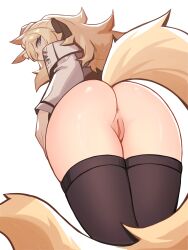 1girl animal_ears anus arknights ass black_ribbon black_thighhighs blonde_hair blue_eyes bottomless distr from_behind from_below hair_ribbon hand_on_own_hip jacket long_hair long_tail looking_back pussy ribbon solo standing tail thighhighs thighs whislash_(arknights) white_background