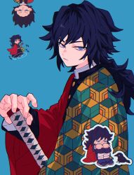 1boy aqua_background bird black_hair black_jacket blue_eyes buttons chibi crow demon_slayer_uniform half-closed_eyes haori highres jacket japanese_clothes katana kimetsu_no_yaiba looking_at_viewer low_ponytail male_focus multiple_views nasi_w2 ponytail simple_background sitting solo spiked_hair sword tomioka_giyuu weapon