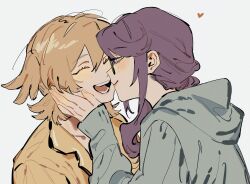 Rule 34 | 2girls, akmizuk, blonde hair, closed eyes, closed mouth, commentary, daiba nana, english commentary, green-framed eyewear, grey background, grey hoodie, hand on another&#039;s face, heart, highres, hood, hoodie, hoshimi junna, jacket, multiple girls, open mouth, purple hair, shoujo kageki revue starlight, simple background, smile, two side up, upper body, yellow jacket, yuri