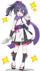 1girl :d bare_shoulders black_sandals black_shorts black_socks blush commentary_request dot_nose full_body hair_between_eyes hand_up highres holding holding_shovel japanese_clothes kimono kotatsu-mazoku long_hair looking_at_viewer ninja obi okobo open_mouth original platform_sandals ponytail purple_eyes purple_hair purple_scarf sandals sash scarf shorts shovel simple_background sleeveless sleeveless_kimono smile socks solo sparkle standing tabi white_background white_kimono white_socks wrist_cuffs