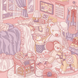 1girl absurdly_detailed_composition alarm_clock bear book box cable_knit cake calendar_(object) clock commentary cup curtains desk_lamp dress food frilled_pillow frills game_console handheld_game_console hat highres holding holding_handheld_game_console indoors knitting_needle lamp neckerchief needle nekomaru0817 open_book open_window original pillow pink_bag pink_slippers pink_theme pony_(animal) purple_dress purple_sky radio red_neckerchief scenery shoes sky slippers solo spoon star_(sky) stuffed_animal stuffed_toy symbol-only_commentary teddy_bear under_covers white_hat window yellow_shoes