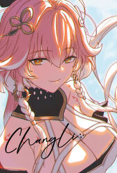 1girl artist_name bare_shoulders braid breasts changli_(wuthering_waves) cleavage closed_mouth colored_tips earrings english_text hair_between_eyes hair_ornament highres jewelry jiangkeng large_breasts long_hair looking_at_viewer multicolored_hair orange_eyes pink_hair red_hair smile solo upper_body white_hair wuthering_waves