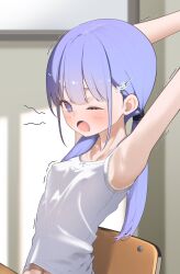 Rule 34 | 1girl, armpits, arms up, blush, breasts, camisole, chair, covered erect nipples, hair ornament, hayakawa sena (pei iriya), highres, indoors, on chair, one eye closed, open mouth, original, pei iriya, purple eyes, purple hair, sitting, small breasts, solo, twintails, white camisole, yawning