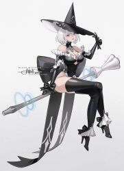 1girl 2b_(nier:automata) absurdres alternate_costume artist_name bare_shoulders black_bow black_footwear black_gloves black_hat black_leotard black_thighhighs blue_eyes bow breasts character_name cleavage collarbone covered_navel english_text full_body gloves hand_on_headwear hat high_heels highleg highleg_leotard highres instagram_logo large_breasts leotard lips looking_at_viewer mole mole_under_mouth nier:automata nier_(series) off-shoulder_leotard parted_lips patreon_logo princess_ailish signature simple_background sitting solo thighhighs twitter_logo typo watermark white_background white_hair witch_hat