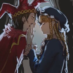 2boys blonde_hair blue_dress brown_hair closed_eyes crossdressing dress facing_another frilled_sleeves frills hand_on_another&#039;s_face hat jester jester_cap jisamnyeo kozi_(malice_mizer) long_hair long_sleeves looking_at_another male_focus malice_mizer mana_(malice_mizer) mob_cap multiple_boys nail_polish ringlets short_hair trap visual_kei