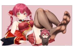 Rule 34 | 1girl, ass, bare shoulders, black coat, black leotard, black thighhighs, border, breasts, chibi, chibi inset, coat, cropped jacket, feet, foot focus, foreshortening, full body, heterochromia, highres, hololive, houshou kumarine, houshou marine, jacket, large breasts, lazy 8203, leotard, long hair, pink background, red eyes, red hair, red jacket, see-through clothes, see-through leotard, simple background, sleeveless, sleeveless jacket, soles, thighhighs, toes, twintails, virtual youtuber, white border, yellow eyes
