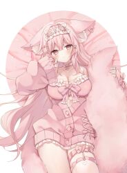 1girl animal_ear_piercing animal_ears asymmetrical_legwear bra breasts cardigan choker cleavage commission double-parted_bangs eyebrows_hidden_by_hair fox_ears fox_girl fox_tail frilled_bra frilled_choker frilled_hairband frills garter_straps hairband highres holding_own_tail indie_virtual_youtuber large_breasts long_hair looking_at_viewer lying momochiru on_back open_cardigan open_clothes pink_bra pink_cardigan pink_choker pink_eyes pink_hair pink_hairband rento_(rukeai) second-party_source short_eyebrows sidelocks single_garter_strap single_thighhigh skeb_commission solo tail thick_eyebrows thighhighs underwear very_long_hair virtual_youtuber white_thighhighs