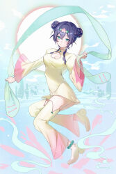 1girl absurdres alternate_costume anklet bead_anklet beads belle_(zenless_zone_zero) blue_hair blush bow cleavage_cutout clothing_cutout crossed_bangs double_bun food food-themed_hair_ornament fruit fuli_(narumiyafuri) green_eyes green_shawl hair_bow hair_bun hair_ornament highres jewelry looking_at_viewer multiple_hair_bows peach shawl short_hair shrug_(clothing) sun zenless_zone_zero