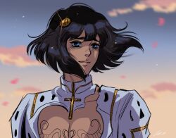 1boy androgynous andythelemon black_eyes black_hair bob_cut bruno_bucciarati chest_tattoo cleavage_cutout clothing_cutout cloud cross dusk eyebrows eyelashes falling_petals glint jojo_no_kimyou_na_bouken male_focus open_clothes open_shirt pale_skin pectorals petals smile solo tattoo vento_aureo wind wind_lift