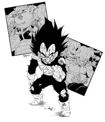 4boys appule boots character_request dodoria dragon_ball dragonball_z fenyon full_body gloves highres kiwi_(dragon_ball) long_sleeves middle_finger monochrome multiple_boys open_mouth pointy_ears saiyan_armor spiked_hair torn_clothes vegeta