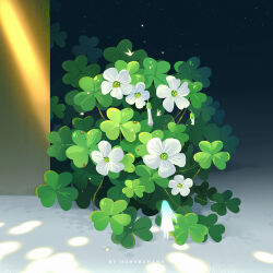 1girl artist_name bird clover dress facing_away flower four-leaf_clover from_behind highres huhv. light_particles long_hair night original outdoors shadow solo standing very_long_hair white_dress white_flower