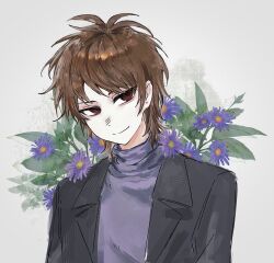 Rule 34 | 1boy, black jacket, brown hair, closed mouth, flower, harada minoru, highres, jacket, lapels, male focus, notched lapels, open clothes, open jacket, purple flower, purple sweater, red eyes, saibou shinkyoku, short hair, smile, solo, sweater, turtleneck, turtleneck sweater, upper body, wo ma le mama