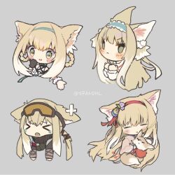 &gt;_&lt; 1girl :&lt; animal animal_ears arknights black_gloves blonde_hair blue_hairband braid braided_hair_rings chibi closed_eyes closed_mouth erandhl fox fox_ears fox_girl frilled_hairband frills gloves goggles goggles_on_head green_eyes grey_background hair_rings hairband highres holding holding_animal infection_monitor_(arknights) long_hair multiple_views official_alternate_costume open_mouth red_hairband short_hair single_glove suzuran_(arknights) suzuran_(lostlands_flowering)_(arknights) suzuran_(spring_praise)_(arknights) suzuran_(yukibare)_(arknights) twin_braids