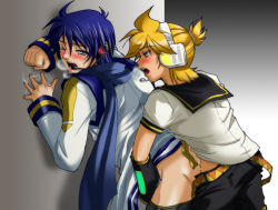 2boys aida_ayako anal blush headphones kagamine_len kaito_(vocaloid) male_focus male_penetrated multiple_boys sex shota tears vocaloid yaoi
