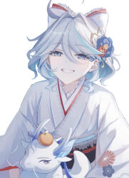 Rule 34 | 1girl, absurdres, black sash, blue eyes, bow, commentary request, food, fruit, furina (genshin impact), genshin impact, grin, hair bow, hair intakes, haru same322, highres, japanese clothes, kikumon, kimono, mandarin orange, monsterification, neuvillette (genshin impact), obi, sash, short hair, smile, teeth, upper body, white background, white bow, white hair, white kimono