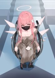 1girl absurdres arknights black_mask boots breasts collarbone dress drooling flower halo highres lemuen_(arknights) looking_at_viewer mask medium_breasts pink_eyes pink_hair qaq_baiguang restrained sitting thigh_boots wheelchair