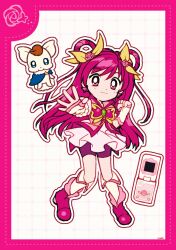 Rule 34 | 1girl, animal print, boots, border, bow, bowtie, bright pupils, butterfly earrings, butterfly print, cellphone, clenched hand, coattails, coco (yes! precure 5), collared socks, collared vest, cure dream, deformed, dotted line, dress, earrings, flip phone, flower, frilled sleeves, frills, full body, green brooch, grid background, hair bow, hair flower, hair ornament, hair rings, happy, high collar, high heel boots, high heels, highres, jewelry, kneehighs, long hair, looking at viewer, magical girl, outline, outstretched arm, phone, pink boots, pink border, pink bow, pink bowtie, pink eyes, pink flower, pink hair, pink rose, pink vest, pleated dress, precure, puffy short sleeves, puffy sleeves, purple shorts, rose, short dress, short sleeves, shorts, shorts under dress, signature, socks, standing, swept bangs, tareme, uwded 207, very long hair, vest, white arm warmers, white background, white dress, white outline, white pupils, white socks, yellow bow, yes! precure 5, yes! precure 5 gogo!, yumehara nozomi
