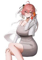 1girl absurdres ahoge alternate_costume bare_shoulders blush body_markings braid breasts changli_(wuthering_waves) cleavage closed_mouth collarbone colored_extremities commentary dongtan_dress dress feet_out_of_frame grey_dress hair_extensions hair_intakes hair_ornament hand_on_own_knee hand_up highres large_breasts long_hair looking_at_viewer meme_attire mollra multicolored_hair orange_eyes pink_hair red_hands ring_hair_extensions simple_background smile solo taut_clothes taut_dress twin_braids two-tone_hair very_long_hair white_background white_hair wuthering_waves