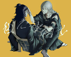 2boys air_(ai_r_) black_hair black_robe blue_hair closed_eyes getou_suguru getou_suguru_(kenjaku) grin hair_bun hair_ornament hair_scrunchie hand_on_another&#039;s_face highres jujutsu_kaisen long_hair low-tied_long_hair mahito_(jujutsu_kaisen) male_focus medium_hair multiple_boys robe scrunchie sitting smile solo stitched_arm stitched_face stitched_neck stitches tabi yellow_background