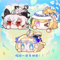 3girls absurdres armband artist_name black_armband black_dress black_horns black_pants black_tail blonde_hair blue_eyes blush cartethyia_(wuthering_waves) chibi chibi_only chinese_commentary closed_mouth commentary commentary_request crown_of_thorns cube curled_horns demon_tail dress ear_blush earrings english_commentary grey_hair hat heart highres horn_blush horns jewelry korean_commentary le_wen long_hair mixed-language_commentary multilingual_commentary multiple_girls objectification one_eye_closed open_mouth pants partial_commentary phoebe_(wuthering_waves) pointy_ears purple_eyes red_eyes shirt skirt smile sparkling_eyes tacet_mark_(wuthering_waves) tail translation_request white_hat white_shirt white_skirt wuthering_waves zani_(wuthering_waves)